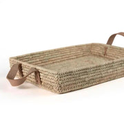 Rectangle Palm Leaf Basket Tray with Leather Handles detail