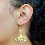 Gold-tone Ginkgo Leaf Dangle Earrings on model