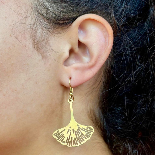 Gold-tone Ginkgo Leaf Dangle Earrings on model