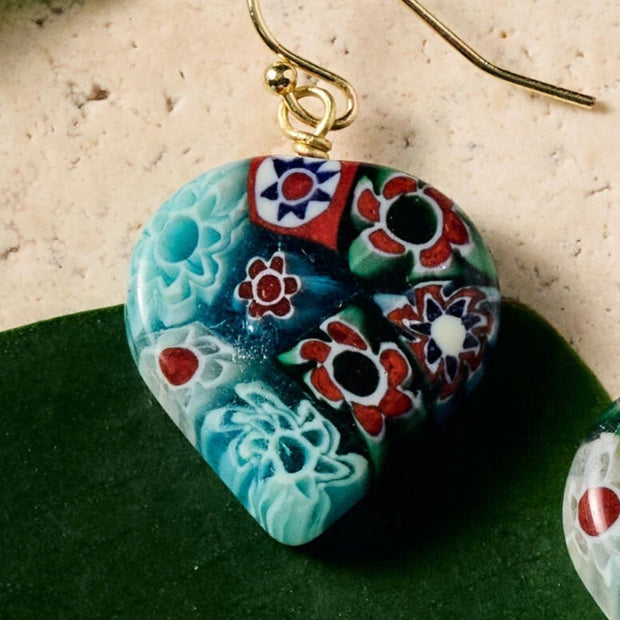 Heart Shaped Raza Murano Millefiori Drop Earrings close-up detail