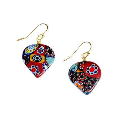 Heart Shaped Raza Murano Millefiori Drop Earrings on white background
