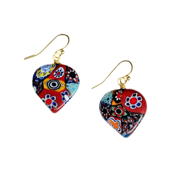 Heart Shaped Raza Murano Millefiori Drop Earrings on white background