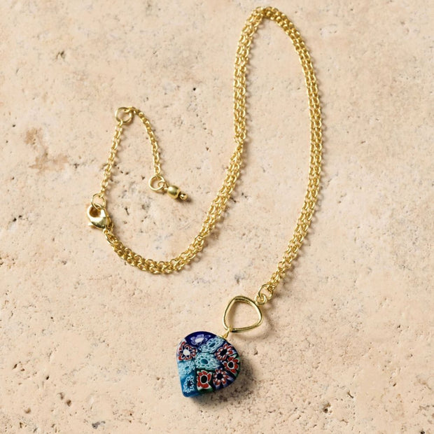 Heart Shaped Raza Murano Millefiori Pendant Necklace showing full chain