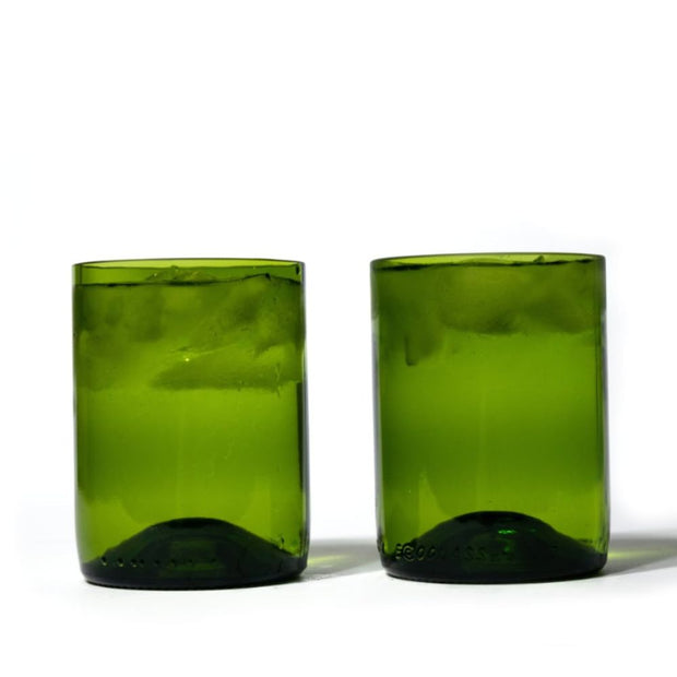 Set of Four Upcycled Glass Bottle Drinkware - Green 11oz glasses with water