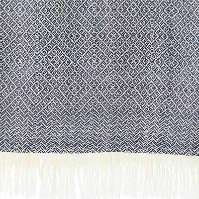 Blue and White Diamond Isla Alpaca Throw Blanket showing weave detail and fringed ends