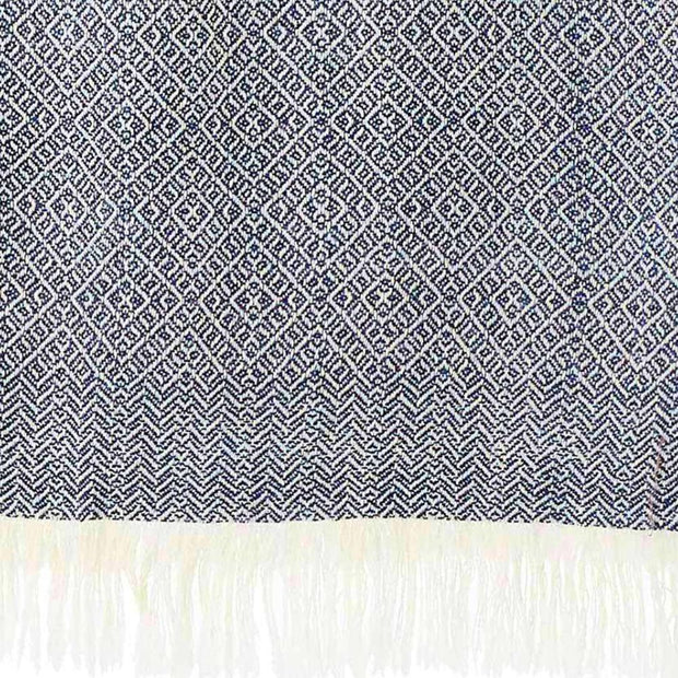 Blue and White Diamond Isla Alpaca Throw Blanket showing weave detail and fringed ends