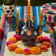 Halloween Dia de los Muertos Black Sugar Skull Clay Candelabra on a festive table setting