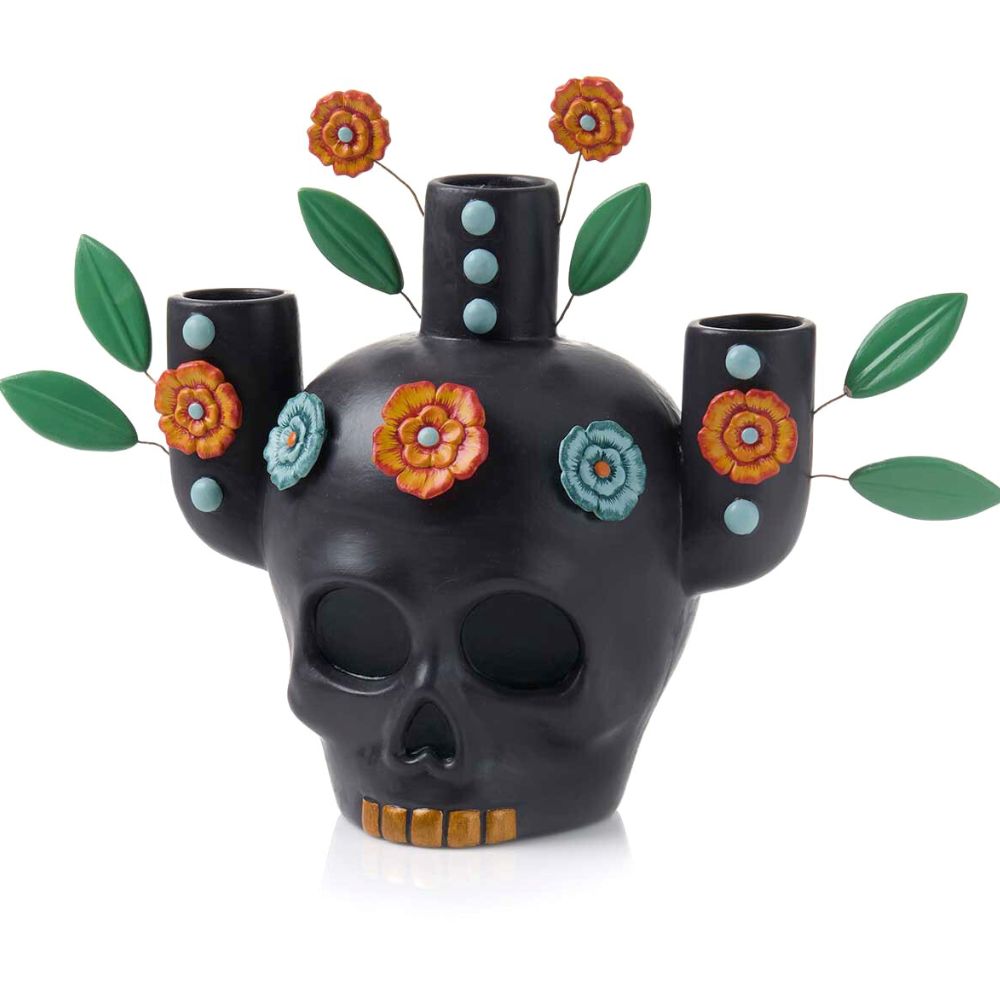 Seasonal Tagged "Dia de los Muertos Clay Skull Candelabra" Zee Bee