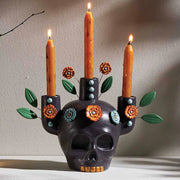 Halloween Dia de los Muertos Sugar Skull Clay Candelabra with orange candles