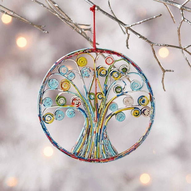 Recycled Paper Quilled Tree of Life Ornament with festive background