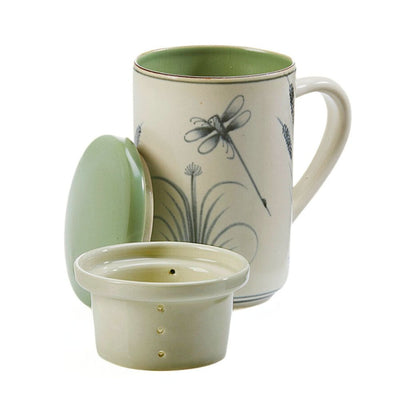 Dragonfly Ceramic Tea Infuser Mug showing the lid and infuser