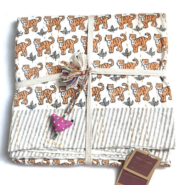 Block Printed Kantha Baby Quilt folded with allover Tigers ready to gift