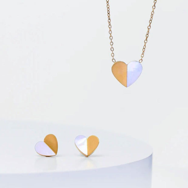 The Gift Hope Heart Gift Set in Gold showing the Give Hope Heart stud earrings with matching necklace