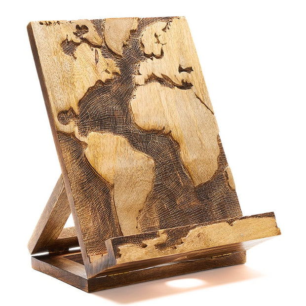 Hand-carved Mango Wood World Map Book Stand Tablet Holder