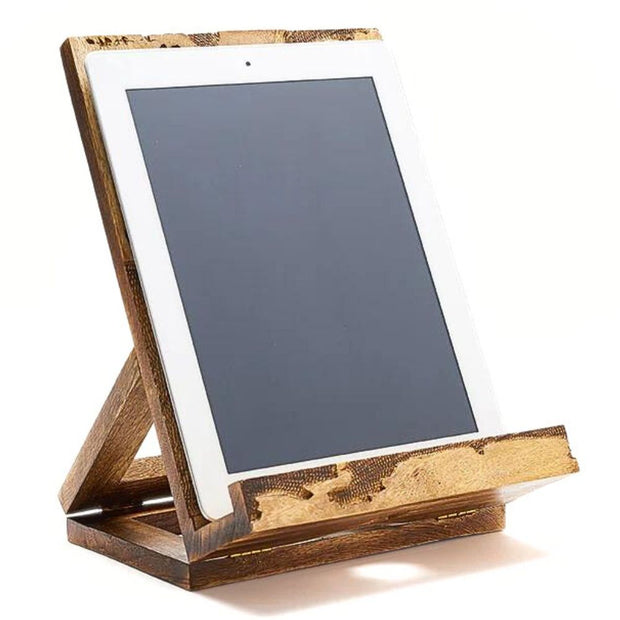Hand-carved Mango Wood World Map Book Stand Tablet Holder with an iPad