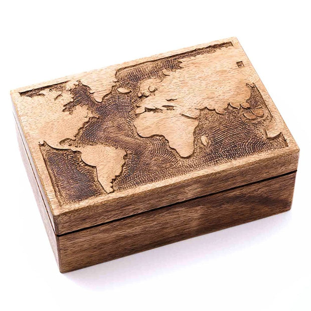 World Map Mango Wood Spice Box with 6 Steel Bowls closed