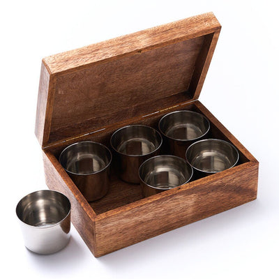 World Map Mango Wood Spice Box with 6 Steel Bowls open
