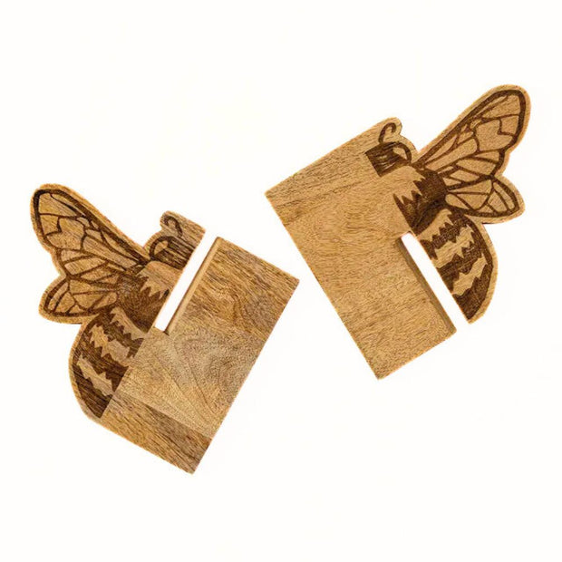 Mango Wood Open Book Stand Holder with a Bee Design two parts