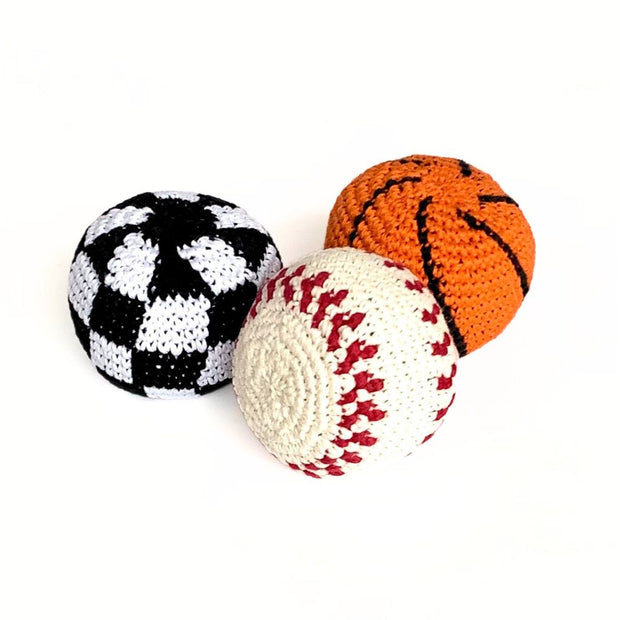 crochet hacky sack baseball, basketball and soccer balls