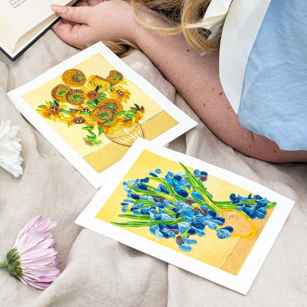 Quilling Greeting cards depicting Vincent Van Gogh's iconic Sunflowers and Irises