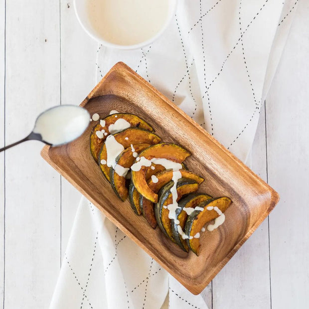 Acacia Wood Rectangular Bowl Tray with roasted squash