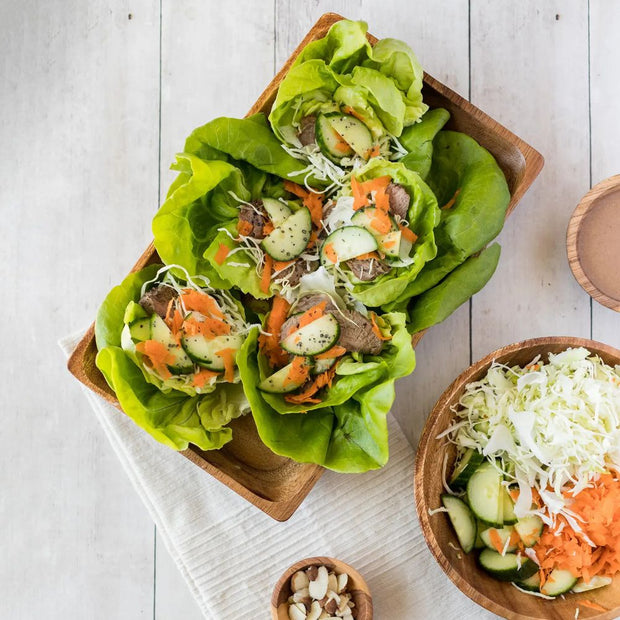 Acacia Wood Rectangular Bowl Tray with salad