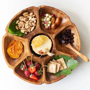 Acacia Wood Vegetable Platter seen from above and filled with snacks