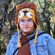 Person wearing a Lion-themed Adult Hand-knit Alpaca Blended Winter Hat with ear flaps