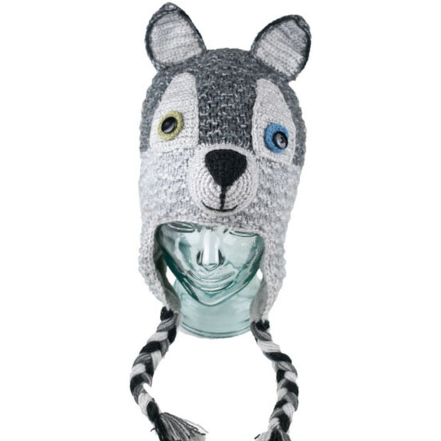 Adult Hand-knitted Animal Face Hat depicting a Wolf in a glass head