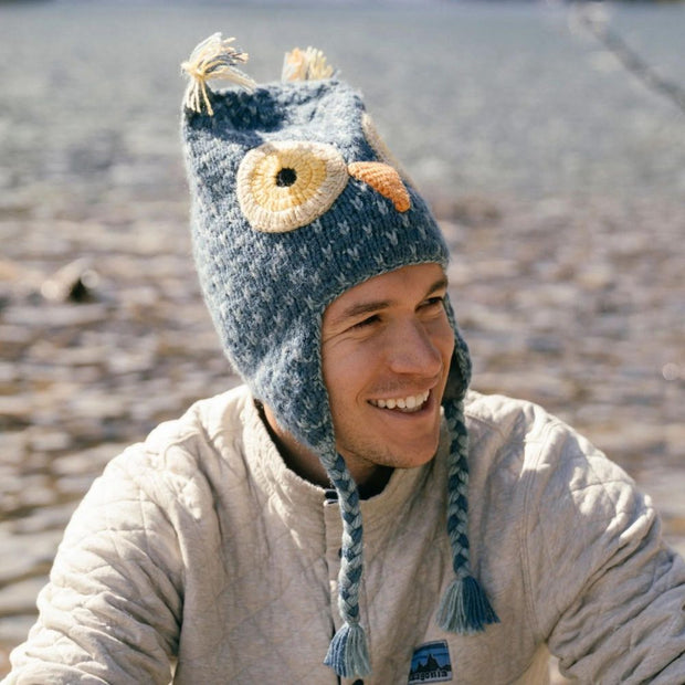 Adult Hand-knit Animal Face Hat - Owl on male model