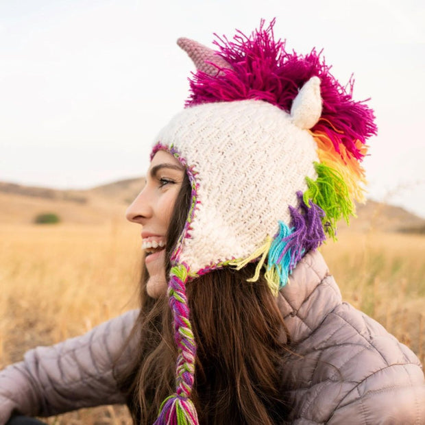 Alpaca Blend Adult Hand-knit Bright Unicorn Face Hat on female model