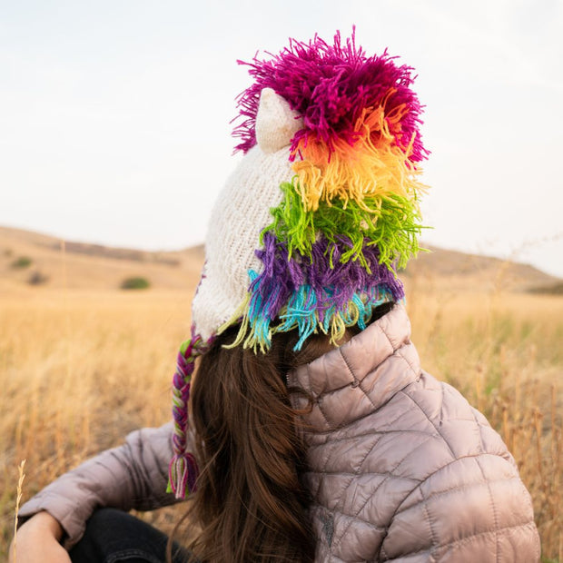 Alpaca Blend Adult Hand-knit Bright Unicorn Face Hat back view on model