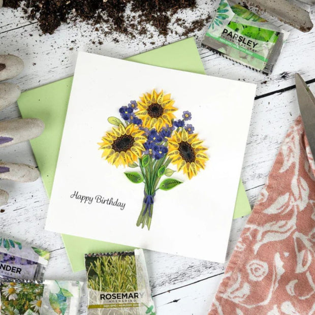 Quilled Birthday Sunflower Bouquet Greeting Card styled