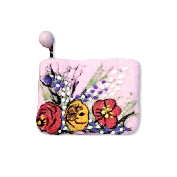 Felted Wool Coin Purse with Flowers detail