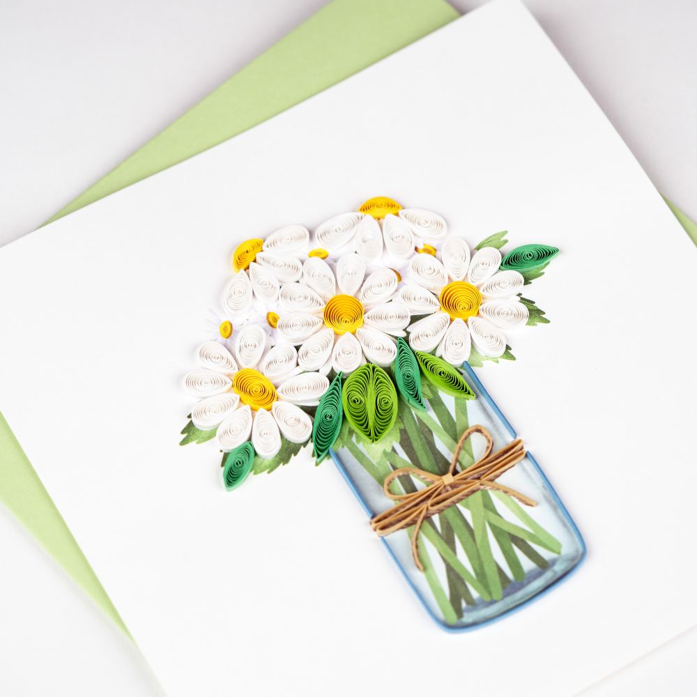 White Daisies in a Glass Jar Quilled Greeting Card styled
