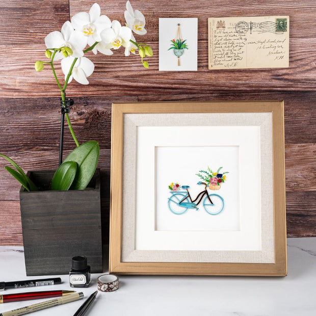 Bicycle and Flower Basket Quilled Greeting Card in a picture frame