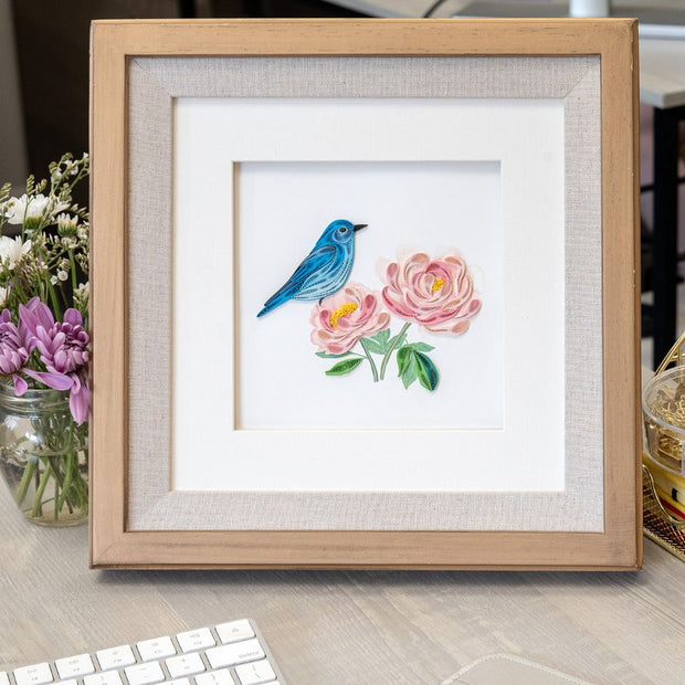 Bluebird an Peonies Quilled Greeting Card in a picture frame