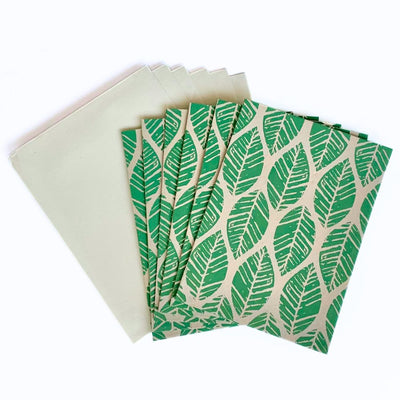 Set of Six Jute Paper Note Cards - Green Leaves