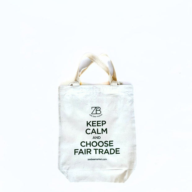 Keep Calm and Choose Fair Trade Markin Fabric Reusable Tote Bag showing short handles