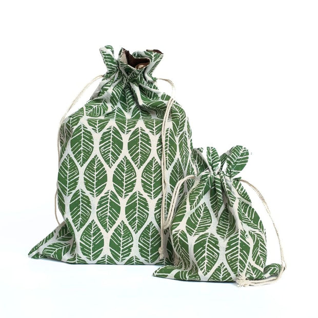Printed Cotton Drawstring Gift Bags showing two sizes