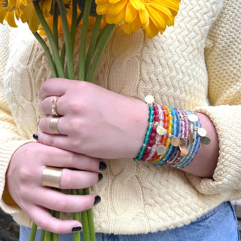 Recycled Glass Bead Botanical Bracelets on model