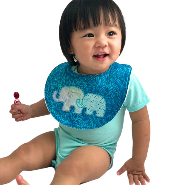 Cotton Batik Mama and Baby Elephant Applique Bib on baby model