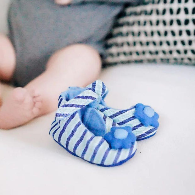 Baby Booties - Flower Power Blue Stripes