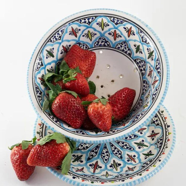 Rosette Hand-painted Ceramic Berry Bowl styled with strawberries