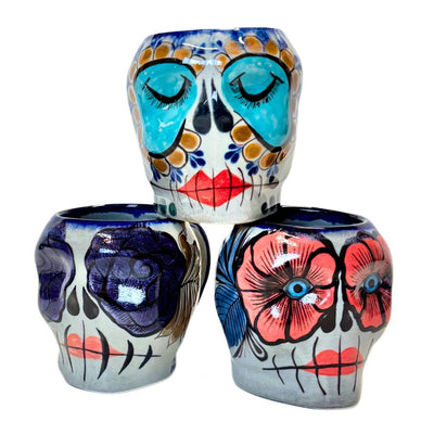 Three Hand-painted La Catrina Sugar Skull Ceramic Mugs