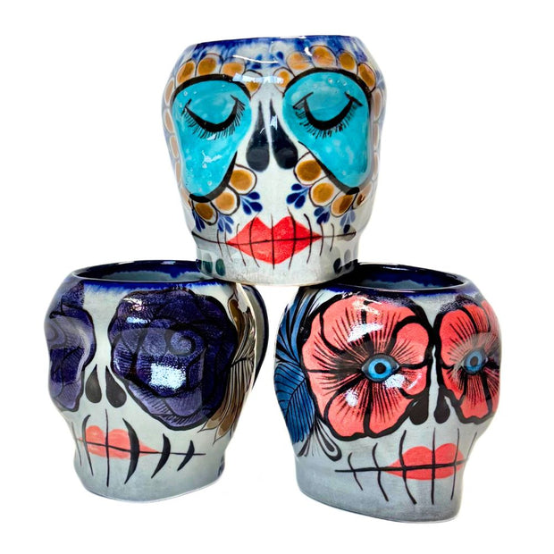 Three Hand-painted La Catrina Sugar Skull Ceramic Mugs