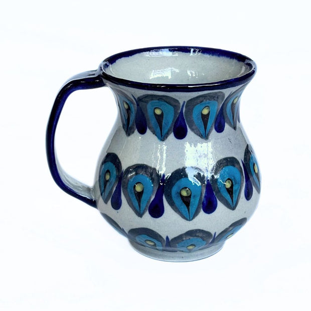 Hand painted San Antonio Palopo Coffee Mug with blue peacock feather design