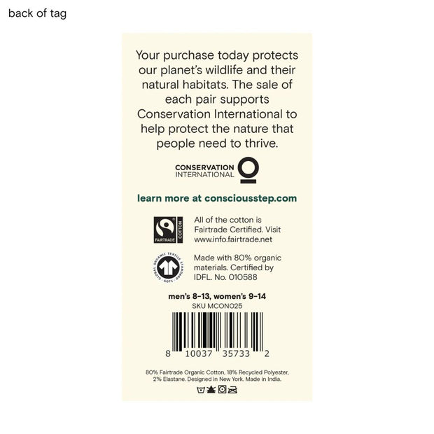 Conscious Step Socks that Protect Elephants in dark green back of tag