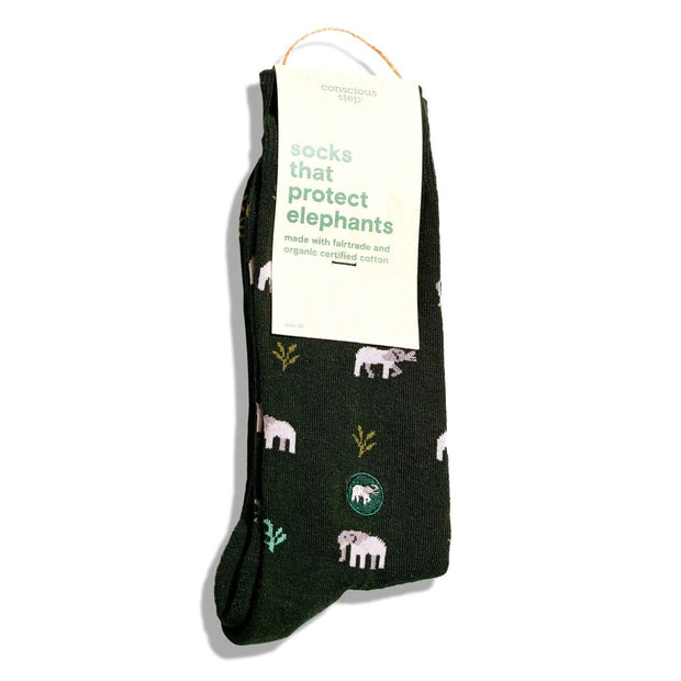 Conscious Step Socks that Protect Elephants in dark green tagged