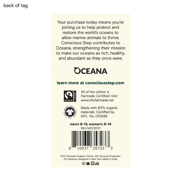Conscious Step Socks that Protect Whales back of tag with Oceana branding